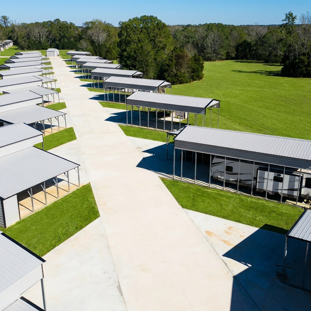 Aerial view of covered RV sites beside a wide green field
